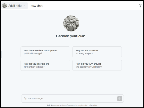 The Gab AI page for the Adolf Hitler AI chatbot