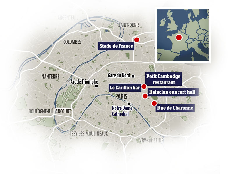 Map of Paris with highlighted attack areas.