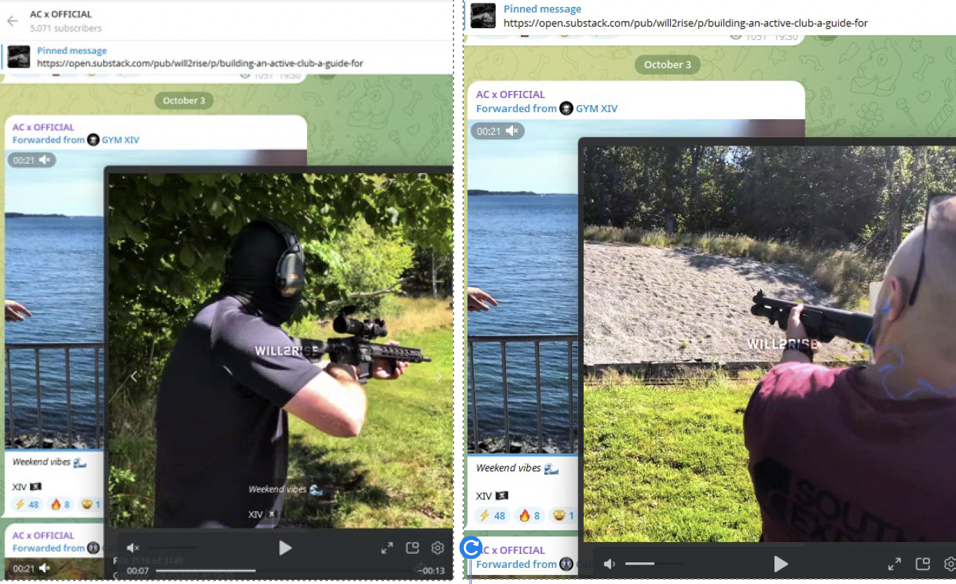 Alleged Swedish AC sympathizers/members training with firearms, October 2025, Telegram, shared by the official AC x OFFICIAL account.