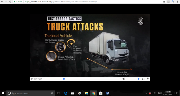 A 26-second video clip on truck attacks available on the Internet Archive, taken from the longer ISIS video “We Will Surely Guide Them to Our Ways,” (originally released May 17, 2017). CEP located the clip October 31, 2017.
