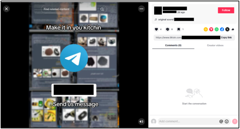 A September 14 post on a pro-ISIS TikTok account advertising bomb-making instructions and encouraging viewers to contact an affiliated Telegram account.