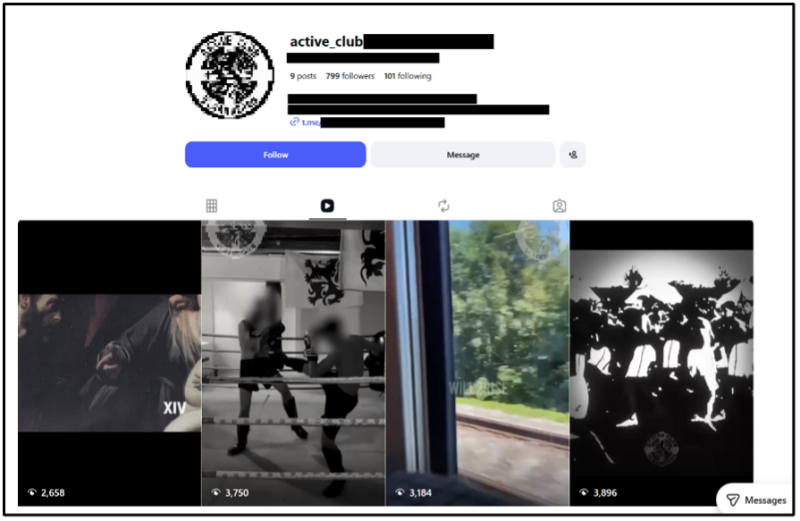 Videos from an Active Club Instagram account. Screenshot taken on August 6.