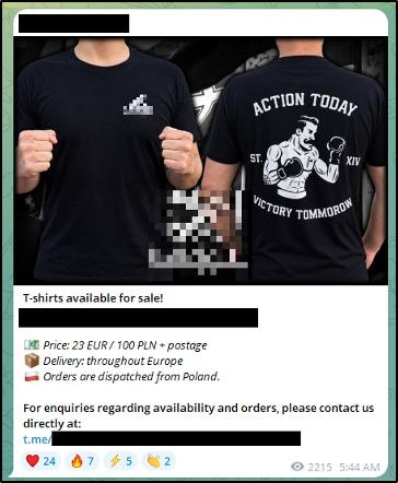 A post on Telegram advertising the sale of t-shirts by a company connected to a Polish Active Club