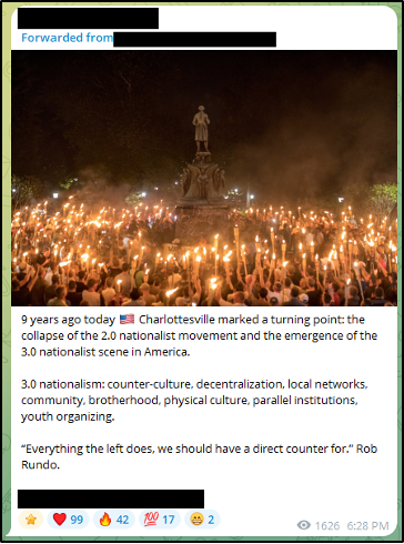 Post from an Active Club-affiliated Telegram channel commemorating the August 11–12, 2017 Unite the Right Rally in Charlottesville, Virginia. Screenshot taken on August 11.