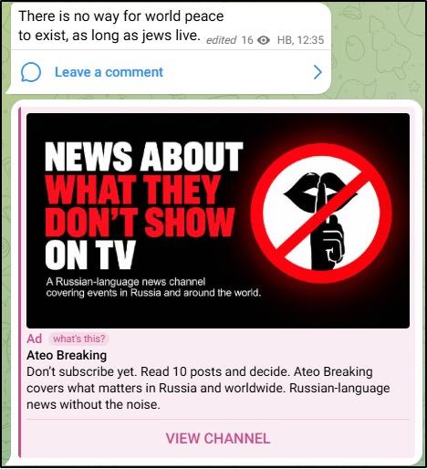 Advertisement on a white supremacist and antisemitic Telegram channel. Screenshot taken on September 17.