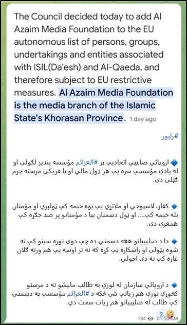 March 19 Pro-ISIS post on Telegram 