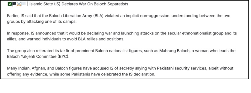 May 28 Pro-ISIS Element ISIS war on Baloch separatist groups
