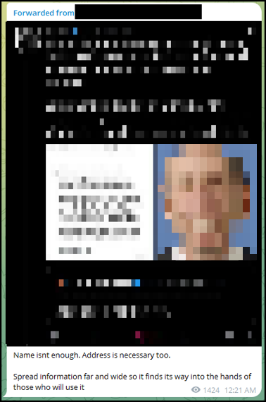 A post in a Telegram chat encouraging the doxing of federal judges. Screenshot taken on June 25.