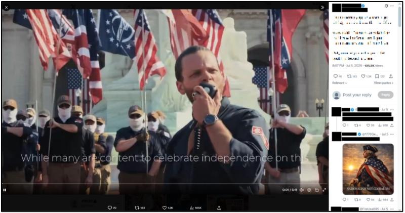 Patriot Front video on X. This upload, posted by a verified account that expressed support for the group, garnered over 100,000 views within four days of posting. Screenshot taken on July 9.