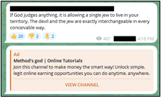 Advertisement on an antisemitic Telegram channel. Screenshot taken on March 24.