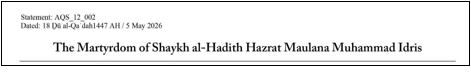 AQIS statement released on May 5, condemning the murder of Sheik Muhammad Idris by ISIS.