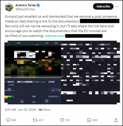 Gab CEO Andrew Torba on Twitter/X promoting an antisemitic propaganda video. Screenshot taken on January 25.