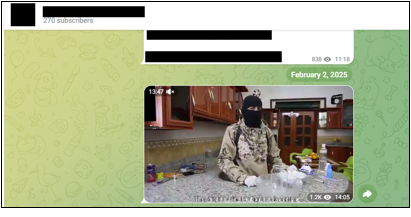 ISIS bomb making video (text obscured by CEP) on a Telegram channel that posted various content promoting white supremacism, terrorism, and Nihilistic Violent Extremism (NVE). The video, posted on February 2, 2025, had over 1,200 views as of April 30. Screenshot taken on April 30. The channel was still online on May 4.
